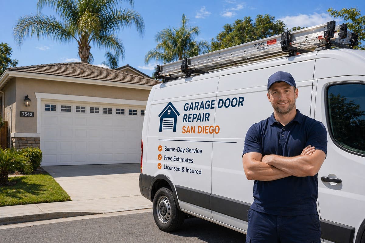 Garage door repair San Diego service truck arriving on a residential job
